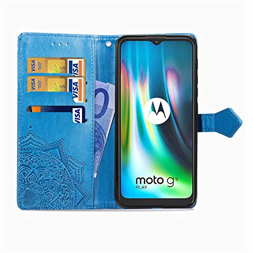 Fertuo Funda para Moto G9 Play/Moto E7 Plus, Carcasa Libro con Tapa de Cuero Piel con Ranuras de Tarjeta, Soporte, Cierre Magnético [Mandala] Wallet Case Flip Cover para Motorola G9 Play Azul