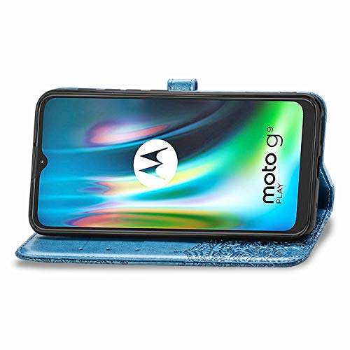 Fertuo Funda para Moto G9 Play/Moto E7 Plus, Carcasa Libro con Tapa de Cuero Piel con Ranuras de Tarjeta, Soporte, Cierre Magnético [Mandala] Wallet Case Flip Cover para Motorola G9 Play Azul