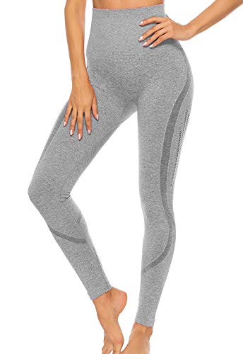 FITTOO Leggings Sin Costuras Corte de Malla Mujer Pantalon Deportivo Alta Cintura Yoga Elásticos Fitness Seamless Gris-2 Small