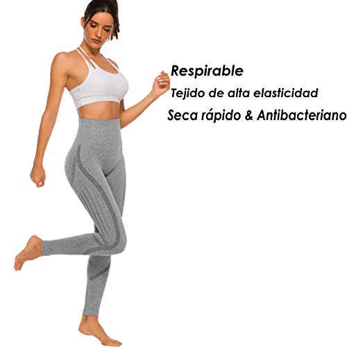 FITTOO Leggings Sin Costuras Corte de Malla Mujer Pantalon Deportivo Alta Cintura Yoga Elásticos Fitness Seamless Gris-2 Small