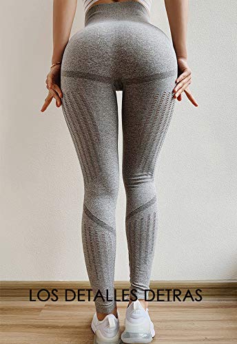 FITTOO Leggings Sin Costuras Corte de Malla Mujer Pantalon Deportivo Alta Cintura Yoga Elásticos Fitness Seamless Gris-2 Small