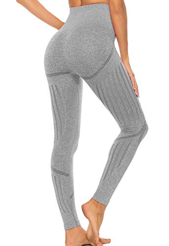 FITTOO Leggings Sin Costuras Corte de Malla Mujer Pantalon Deportivo Alta Cintura Yoga Elásticos Fitness Seamless Gris-2 Small