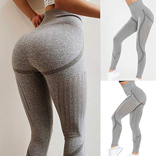 FITTOO Leggings Sin Costuras Corte de Malla Mujer Pantalon Deportivo Alta Cintura Yoga Elásticos Fitness Seamless Gris-2 Small