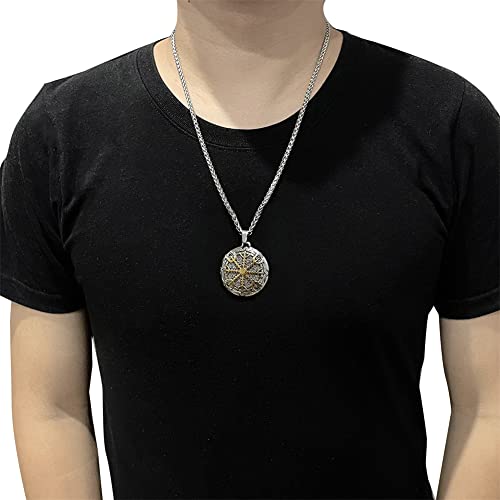 FLQWLL Collar con Colgante De Yelmo De Asombro Ægishjálmr con Escudo Vikingo De Doble Cara De Doble Color De Acero Inoxidable para Hombre, Joyería Pagana Escandinava Nórdica,Oro,60cm/23.6 in