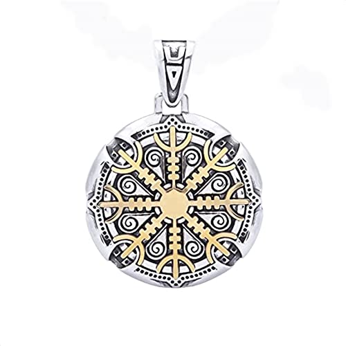 FLQWLL Collar con Colgante De Yelmo De Asombro Ægishjálmr con Escudo Vikingo De Doble Cara De Doble Color De Acero Inoxidable para Hombre, Joyería Pagana Escandinava Nórdica,Oro,60cm/23.6 in