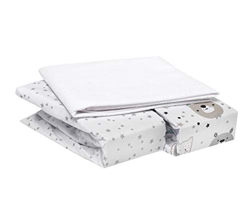 FlyIdeas Juego 3 Pza para Capazo de Bebe Carro y Cochecito 75x35 cm | 2 Sábanas Bajeras + 1 Protector Colchon Impermeable | 100% Algodòn Cert Oeko-Tex