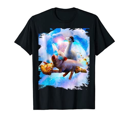 Flying Space Llama montando cerdo en Rainbow Galaxy Camiseta