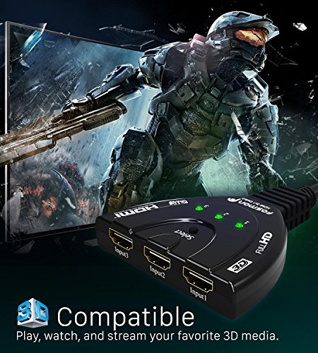Fosmon 3-Puerto Conmutador HDMI 4K, 3x1 Switch, HDMI Automático, Selector Switcher UHD HDR 3D Full HD 1080p HDCP, 3 entradas, 1 Salida Divisor HDMI Splitter