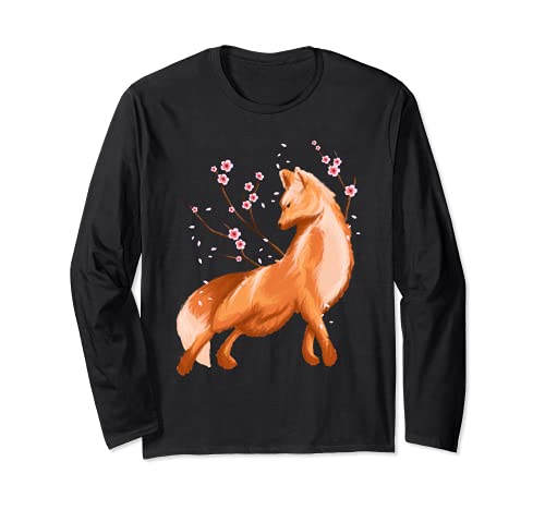 Fox japonés arte con flores de Sakura - Fox Lover Manga Larga