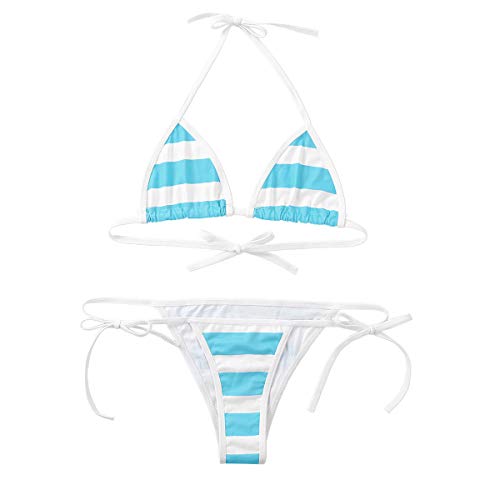 Freebily Bikinis Mujer Push Up Sexy Traje de Baño Brasileño Triángulo Bañista Bañadores de Dos Pieza Sexi Rayado Tablero de Ajedrez con Micro G-String Blue&White One Size