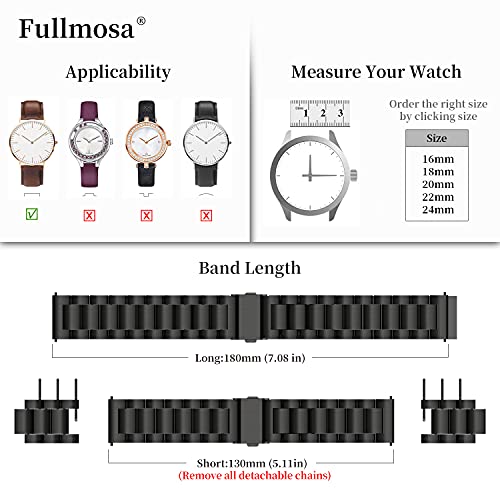 Fullmosa 4 Colores para Correa Metálica de Reloj de Liberación Rápida, Pulsera Reloj de Acero Inoxidable, Negro 22mm