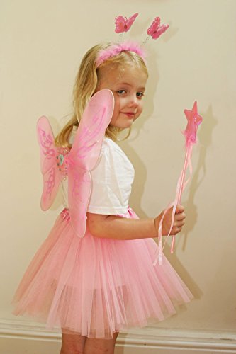 Fun Play - Disfraz de Hada para niñas - Alas de Mariposa, Tutú, Varita Mágica y Diadema - Disfraz de Mariposa o Ángel con Alas para niñas de 3-8 años - Color Rosa