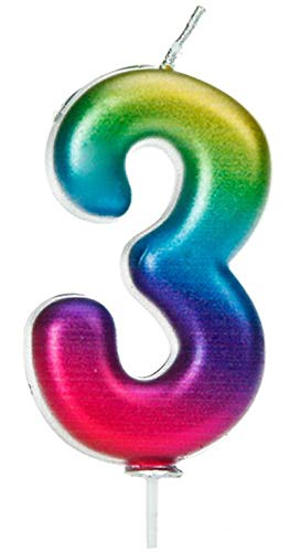 Gadget Giant Vela brillante con purpurina y 6 velas metálicas para tartas con número 3 de arco iris