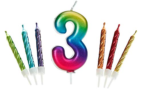 Gadget Giant Vela brillante con purpurina y 6 velas metálicas para tartas con número 3 de arco iris