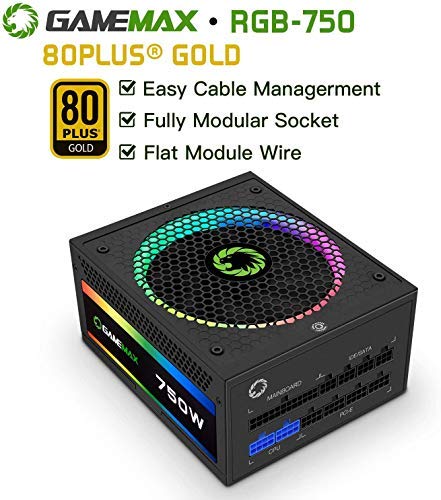 GameMax Fuente de alimentación RGB de 750 W (sin cable de alimentación inc.), Modular, RGB Rainbow LED Iluminación, RGB Switch, 80 Plus Gold, 90% de eficiencia