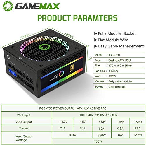 GameMax Fuente de alimentación RGB de 750 W (sin cable de alimentación inc.), Modular, RGB Rainbow LED Iluminación, RGB Switch, 80 Plus Gold, 90% de eficiencia