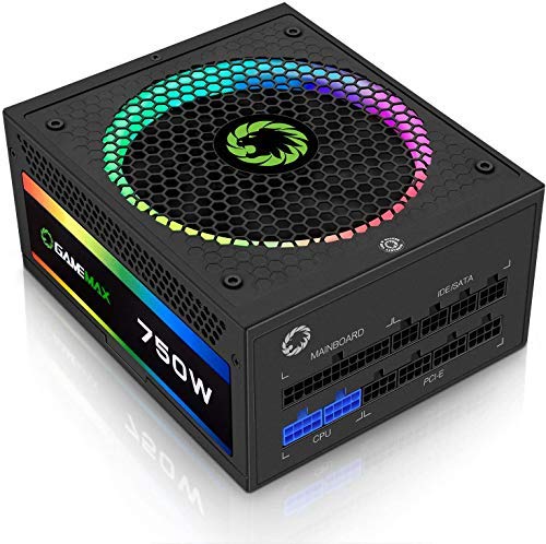 GameMax Fuente de alimentación RGB de 750 W (sin cable de alimentación inc.), Modular, RGB Rainbow LED Iluminación, RGB Switch, 80 Plus Gold, 90% de eficiencia