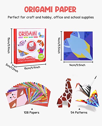 Gamenote color kit de origami para niños 108 archivo de origami vívido de doble cara 55 páginas que enseña libro de origami, adecuado para niños / clase de manualidades escolares