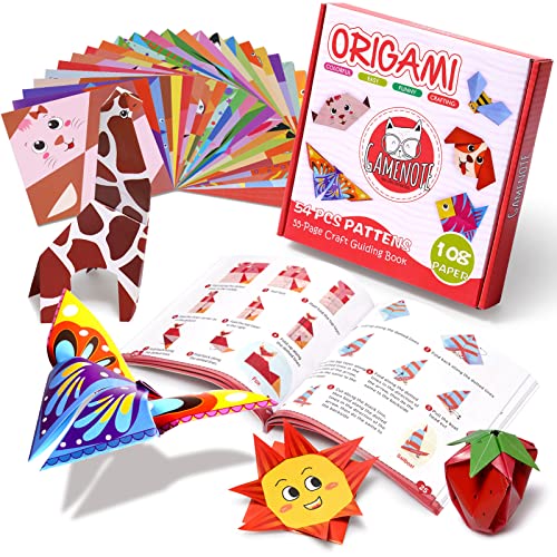 Gamenote color kit de origami para niños 108 archivo de origami vívido de doble cara 55 páginas que enseña libro de origami, adecuado para niños / clase de manualidades escolares