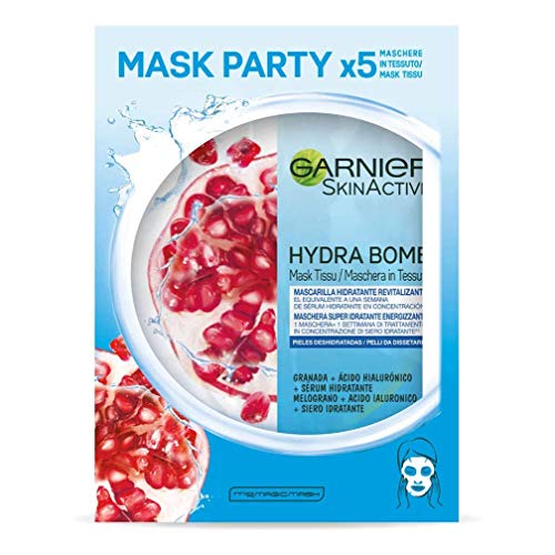 Garnier Skin Active Hydra Bomb, Tissu Mask Revitalizante, Mascarilla facial de Tejido con Granada y Ácido Hialurónico para Pieles Deshidratadas, Reduce Arrugas y Potencia la Luminosidad, 5 Unidades