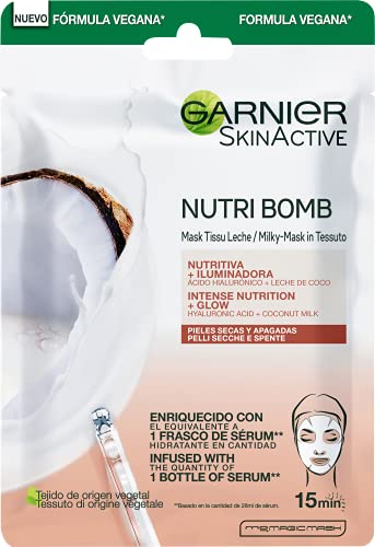 Garnier Skin Active Nutri Bomb Milky Mask Tissu Iluminadora Mascarilla de Tejido con Leche de Coco y Ácido Hialurónico para Pieles Secas y Apagadas 28 g