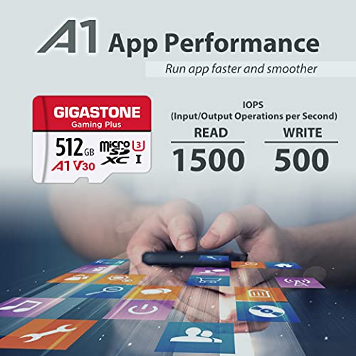 Gigastone 512GB Tarjeta de Memoria Micro SD, Gaming Plus, Compatible con Nintendo Switch, 100 MB/s, Grabación de Video 4K, Micro SDXC UHS-I, A1 Ejecutar aplicación, Clase 10, con Adaptador