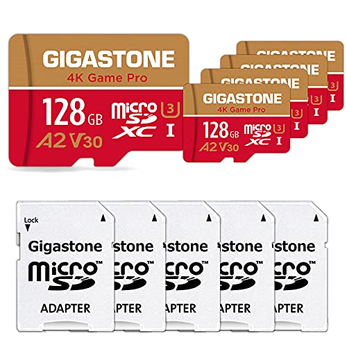 Gigastone Tarjeta Micro SD 128GB, Paquete de 5, 4K Game Pro para Nintendo-Switch, GoPro, Cámara de Acción, dji, UHD Video, 100/50MB/s, UHS-I U3 A1 V30 C10