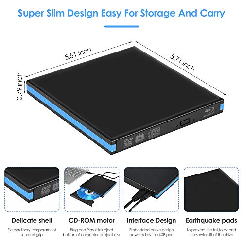 GJCrafts Unidad de DVD BLU Ray Externa 3D, grabadora de DVD portátil USB 3.0 y Tipo C Bluray BD DVD CD Grabadora / Reproductor óptico Unidad de Disco óptico Interno para Windows 10/8 / XP MacOS