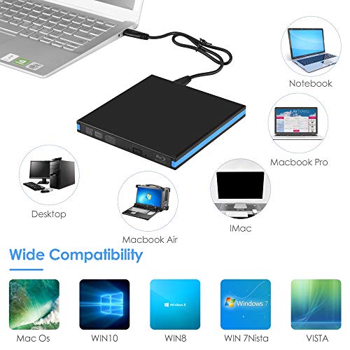 GJCrafts Unidad de DVD BLU Ray Externa 3D, grabadora de DVD portátil USB 3.0 y Tipo C Bluray BD DVD CD Grabadora / Reproductor óptico Unidad de Disco óptico Interno para Windows 10/8 / XP MacOS
