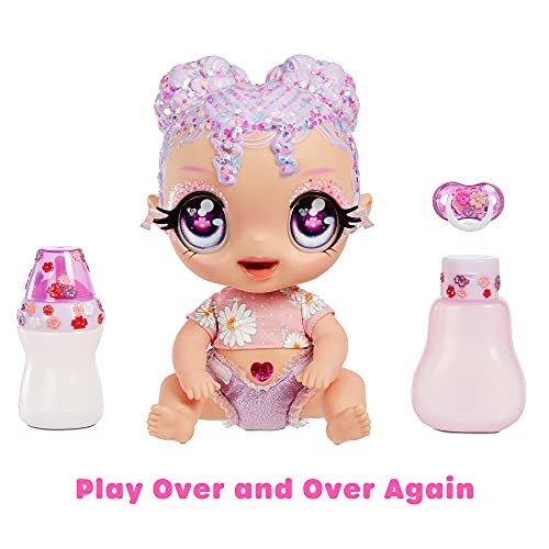 Glitter Babyz Muñeca Lila Wildboom - Con 3 cambios de color mágicos, pelo morado y vestido de flores - Incluye pañal, biberón y chupete reutilizables - Para coleccionar - Edad: 3+ años