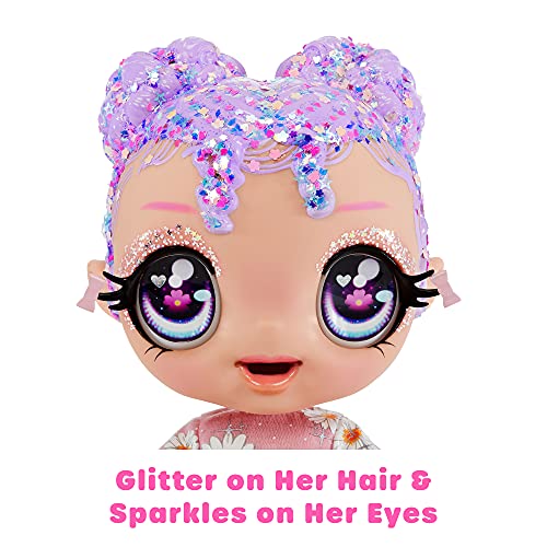 Glitter Babyz Muñeca Lila Wildboom - Con 3 cambios de color mágicos, pelo morado y vestido de flores - Incluye pañal, biberón y chupete reutilizables - Para coleccionar - Edad: 3+ años
