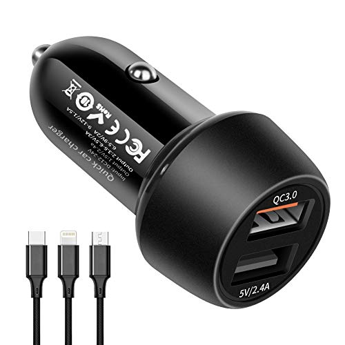 GPISEN Quick Charge 3.0 Cargador de Rapida Doble Puerto 5.4A/30W (QC 3.0 3A + Smart IC 2.4A) USB Adaptador con 3 en 1 Multi Cable de Carga Compatible con Todos Los Smartphones iOS y Android