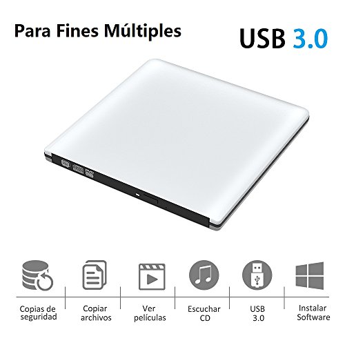 Grabadora Lector CD/DVD USB 3,0 Ultra Slim Portátil Unidad Externa Burner Lector Óptico CD/DVD/-RW/-RW SuperDrive para MacBook/MacBook Air/MacBook Pro/iMac/Windows/Mac OSX (Plata)