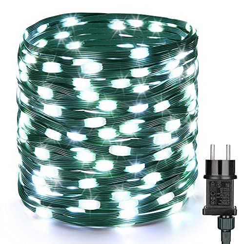 Guirnalda Navidad Exterior, BrizLabs 20M 200 LED Luces de Hadas Interior Impermeable 8 Modos Árbol de Navidad Cable Verde Decorativas para Fiesta Boda Casa Habitación Patio Jardín, Blanco Frío