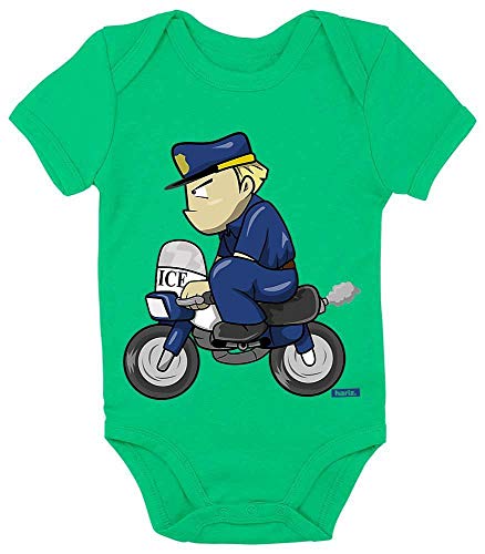 Hariz Baby Body de manga corta Policía divertido Moto Policía Plus Tarjeta de regalo Rana Quietsch Verde 0 – 3 meses