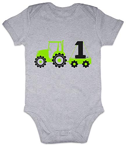 Hariz - Body de manga corta para bebé, tractor, excavadora, 1 cumpleaños, excavadora, niños, coches, niños pequeños, Plus tarjeta de regalo, lápiz gris, 0 – 3 meses