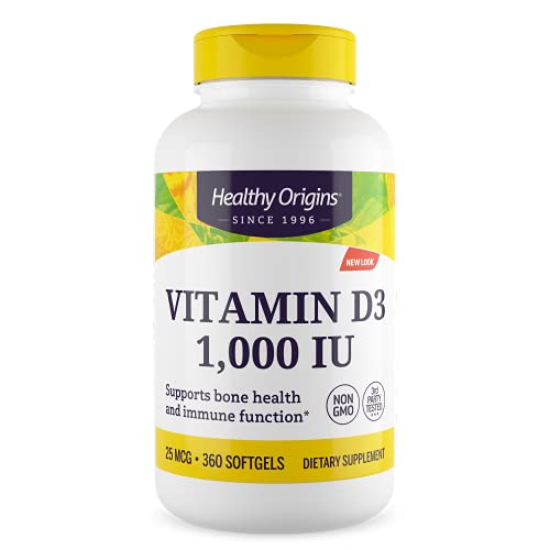 Healthy Origins, Vitamina D3, 1,000 IU, 360 Cápsulas, Probado en Laboratorio, Altamente Dosificado, Sin Soja, Sin Gluten, No GMO