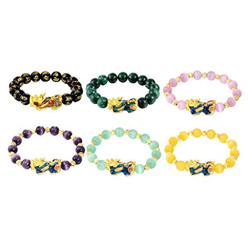 Hellery 6pack Feng Shui Obsidian Tallado Pulsera Pixiu Buena Suerte Joyería Atraer Riqueza