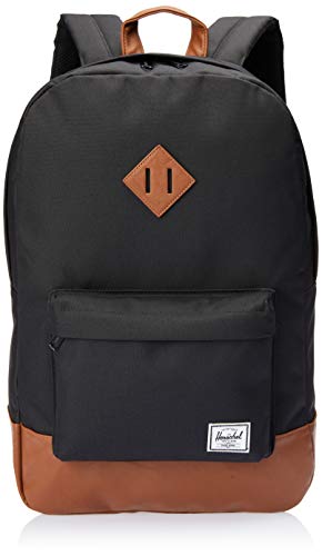 Herschel - Mochila Heritage de Tela Negra y marrón, 38,1 cm, con Bolsillo Delantero, Bolsillo para teléfono móvil, de Cremallera