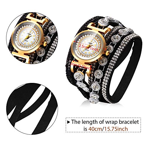 Hicarer 4 Piezas Pulseras de Envolver Retro Juego de Pendientes Collar de Diamante de Imitación de Reloj de Cuarzo Colgante Aretes de Mujeres