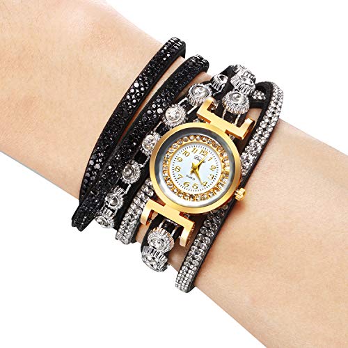 Hicarer 4 Piezas Pulseras de Envolver Retro Juego de Pendientes Collar de Diamante de Imitación de Reloj de Cuarzo Colgante Aretes de Mujeres