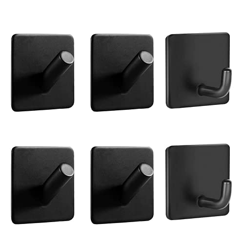 Hikinlichi Paquete de 6 ganchos adhesivos resistentes para uso general, ganchos pegajosos para pared de acero inoxidable 304, soporte de gancho para toalla, abrigo, puerta, impermeable, negro