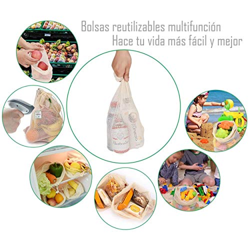 HOGAR Y MAS Bolsa Compra Reutilizable, Juego de 3 Bolsas de Malla Ecológica, 100% Algodón, Bolsas Portalimentos. 25x20cm/30x25cm/40x30cm