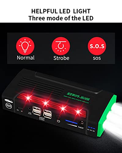 HPDOM 16800mAh 12V Car Battery Jump Starter Pack Cargador de Refuerzo Batería Power Bank Car Booster Dispositivo de Arranque con 4 USB, Linterna LED, Abrazaderas