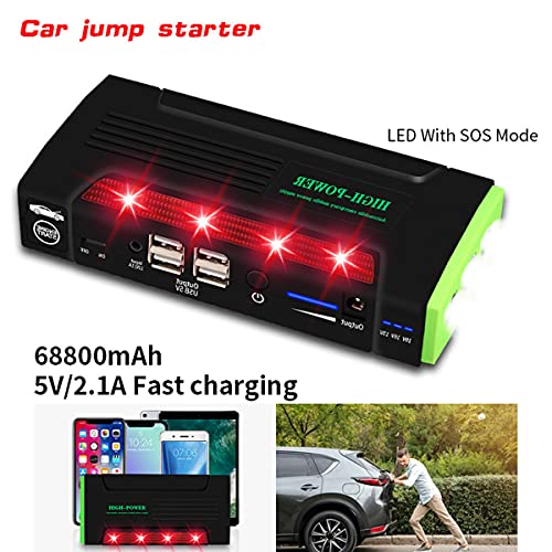 HPDOM 16800mAh 12V Car Battery Jump Starter Pack Cargador de Refuerzo Batería Power Bank Car Booster Dispositivo de Arranque con 4 USB, Linterna LED, Abrazaderas