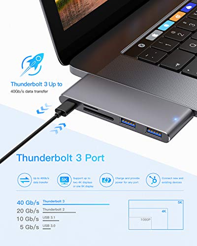 Hub USB C, Adaptador Tipo C Hub Slim Thunderbolt 3 de Aluminio para MacBook Pro 2019/2018/2017/2016 13"y 15", MacBook Air 2019/2018 13", 2 Puertos USB 3.0, 1 Lector de Tarjetas SD y 1 TF