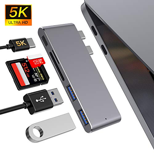 Hub USB C, Adaptador Tipo C Hub Slim Thunderbolt 3 de Aluminio para MacBook Pro 2019/2018/2017/2016 13"y 15", MacBook Air 2019/2018 13", 2 Puertos USB 3.0, 1 Lector de Tarjetas SD y 1 TF