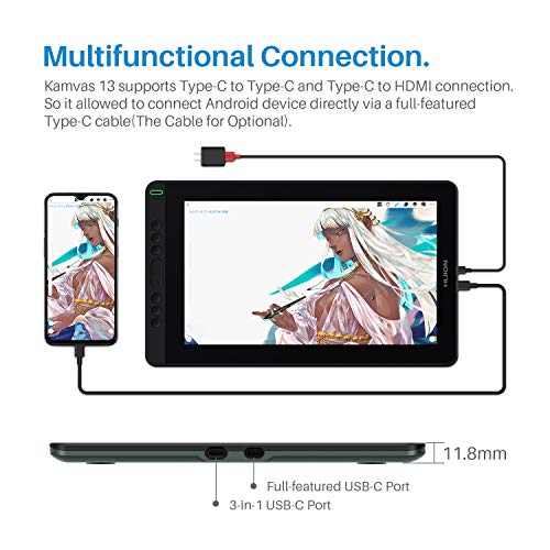 HUION Kamvas 13 Tableta Gráfica con Pantalla, Monitor de Dibujo Gráfico de 13,3 Pulgadas,120% sRGB, Lápiz PW517, Compatible con Dispositivo Android, Ideal para Trabajar Desde Casa y Aprendizaje Remoto