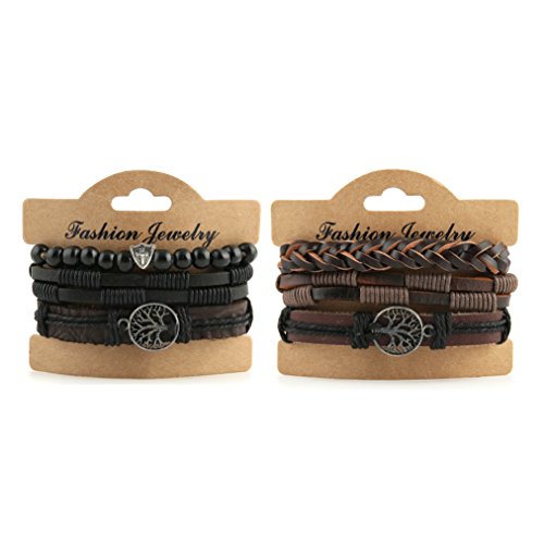 HZman Mix 6 Wrap Pulseras Hombres Mujeres, cáñamo Cuerdas Cuentas de Madera étnico Tribal Pulseras Pulseras de Piel