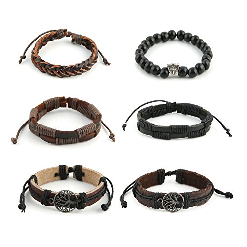 HZman Mix 6 Wrap Pulseras Hombres Mujeres, cáñamo Cuerdas Cuentas de Madera étnico Tribal Pulseras Pulseras de Piel